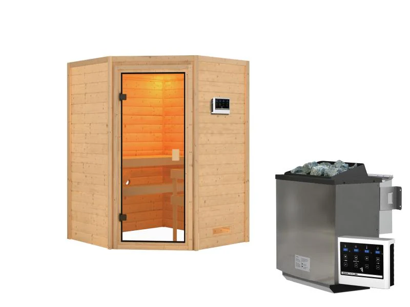Karibu Sauna Antonia inkl. 9 kW Bioofen ext. Steuerung mit klassischer Saunatür -ohne Dachkranz- - Image 2