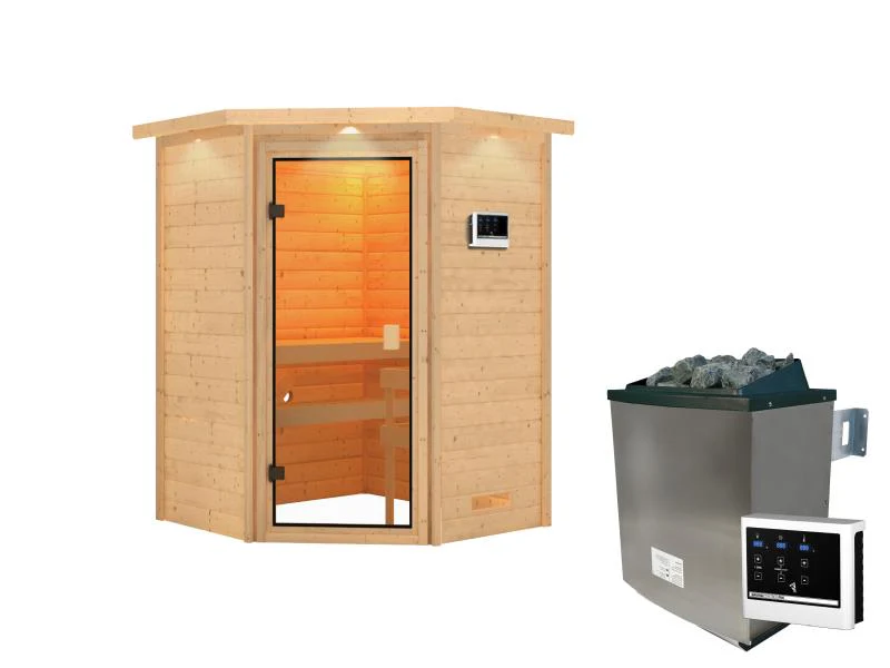Karibu Sauna Antonia inkl. 9 kW Ofen ext. Steuerung mit klassischer Saunatür -mit Dachkranz- - Image 2