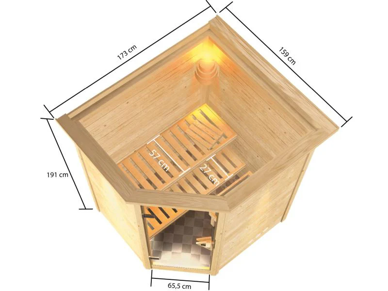 Karibu Sauna Antonia inkl. 9 kW Ofen ext. Steuerung mit klassischer Saunatür -mit Dachkranz- - Image 3