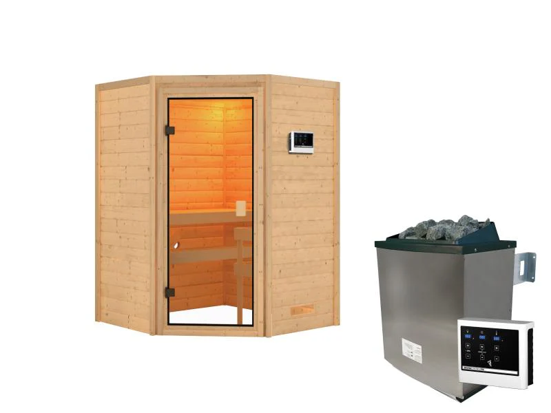 Karibu Sauna Antonia inkl. 9 kW Ofen ext. Steuerung mit klassischer Saunatür -ohne Dachkranz- - Image 2