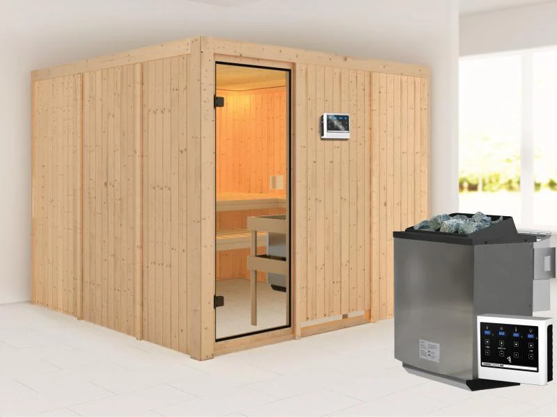 Karibu Sauna Arvika 68 mm inkl. 9 kW Bioofen ext. Strg