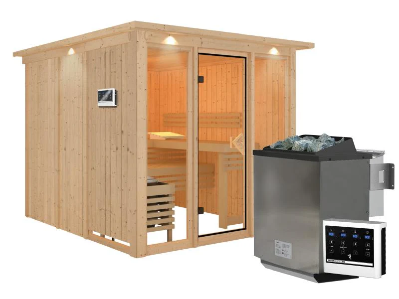 Karibu Sauna Askja 68 mm- 9 kW Bioofen ext.Strg- mit Dachkranz - Image 2