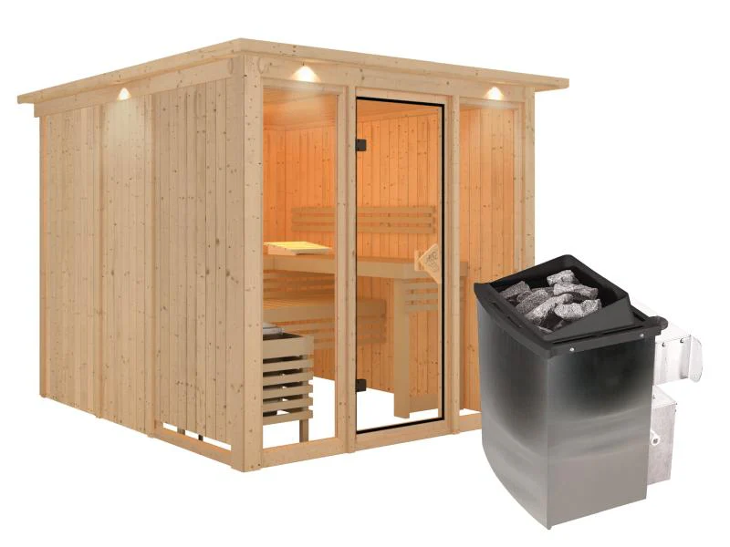 Karibu Sauna Askja 68 mm- 9 kW Ofen integr.Strg- mit Dachkranz - Image 2