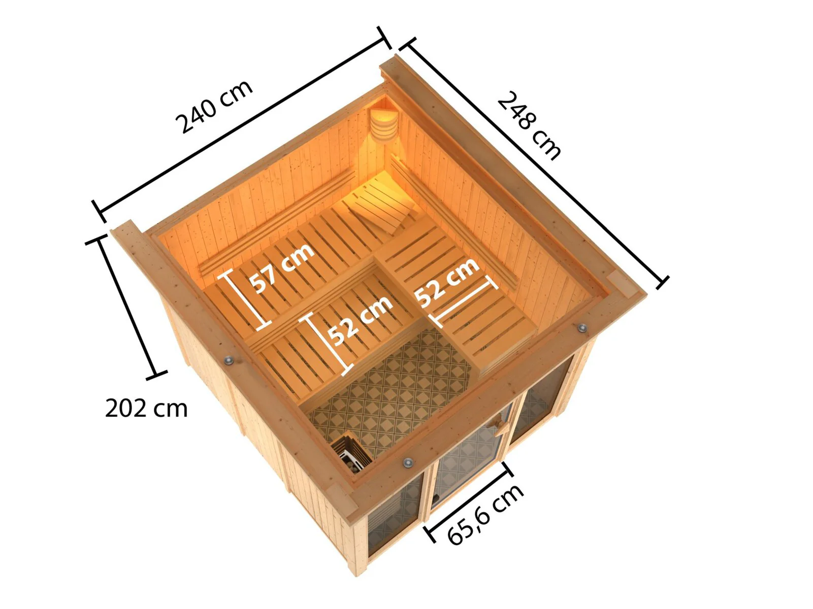 Karibu Sauna Askja 68 mm, inkl. 9 kW Ofen ext. Seuerung Wifi HUUM - mit Dachkranz - - Image 2