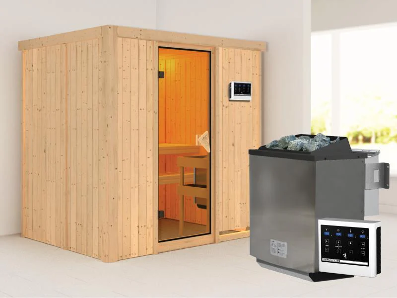 Karibu Sauna Bodin inkl. 9 kW Bioofen ext. Steuerung, mit bronzierter Saunatür - ohne Dachkranz -