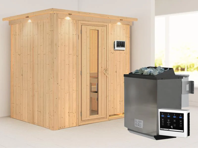 Karibu Sauna Bodin inkl. 9 kW Bioofen ext. Steuerung,mit energiesparender Saunatür - mit Dachkranz- - Image 2