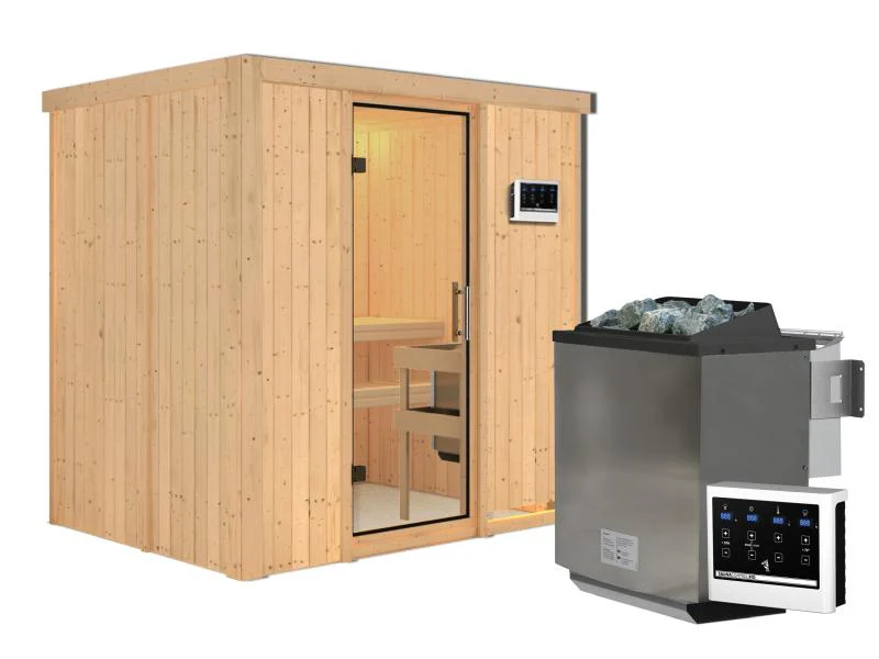 Karibu Sauna Bodin inkl. 9 kW Bioofen ext. Steuerung, mit Klarglas Ganzglastür -ohne Dachkranz- - Image 4