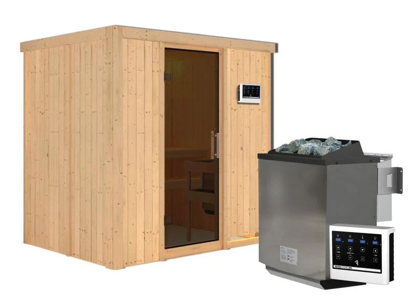 Karibu Sauna Bodin inkl. 9 kW Bioofen ext. Steuerung, mit moderner Saunatür -ohne Dachkranz- - Image 4