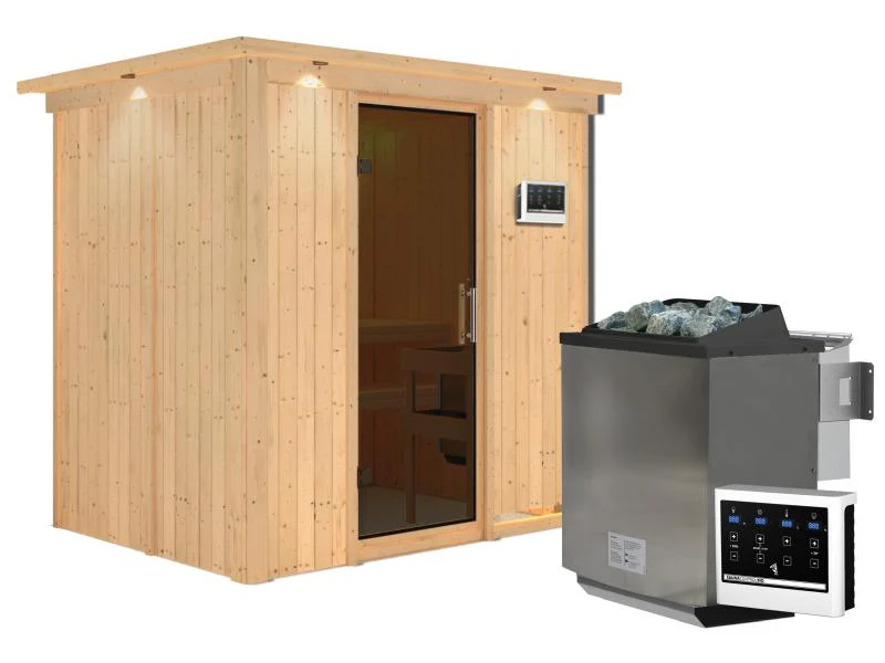 Karibu Sauna Bodin inkl. 9 kW Bioofen ext. Steuerung, moderner Saunatür -mit Dachkranz- - Image 4