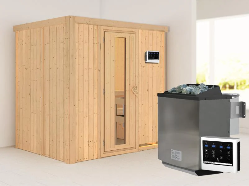 Karibu Sauna Bodin inkl. 9 kW Bioofen externer Steuerung, mit energiesparender Saunatür - ohne Dachk - Image 2