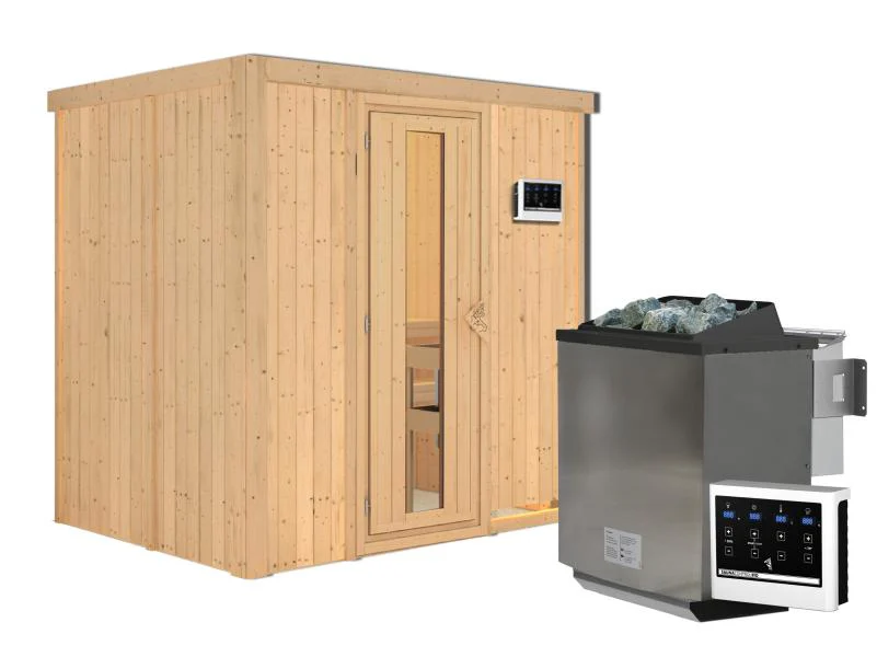 Karibu Sauna Bodin inkl. 9 kW Bioofen externer Steuerung, mit energiesparender Saunatür - ohne Dachk - Image 3