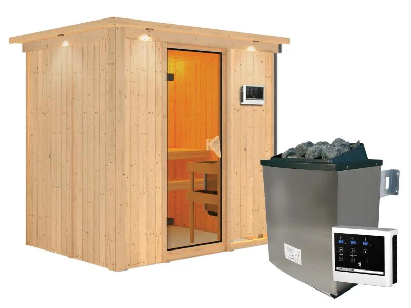 Karibu Sauna Bodin inkl. 9 kW Ofen ext. Steuerung, mit bronzierter Saunatür -mit Dachkranz- - Image 4