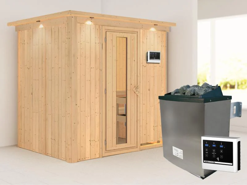 Karibu Sauna Bodin inkl. 9 kW Ofen ext. Steuerung, mit energiesparender Saunatür -mit Dachkranz- - Image 2