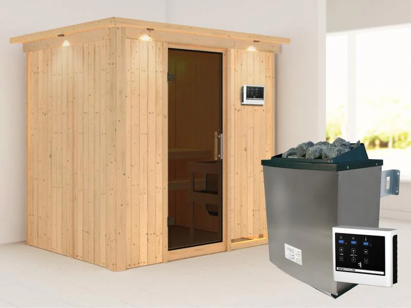 Karibu Sauna Bodin inkl. 9 kW Ofen ext. Steuerung mit moderner Saunatür -mit Dachkranz-