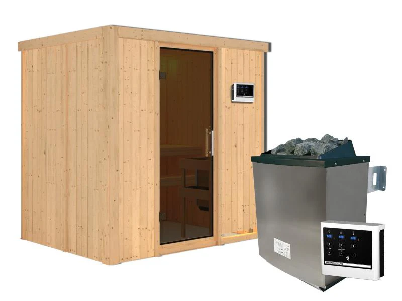 Karibu Sauna Bodin inkl. 9 kW Ofen ext. Steuerung,mit moderner Saunatür -ohne Dachkranz- - Image 4