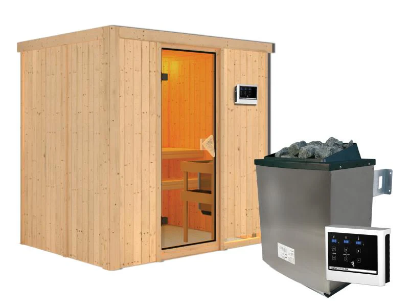 Karibu Sauna Bodin inkl. 9 kW Ofen + externer Steuerung - ohne Dachkranz -mit Energiespartür - Image 4