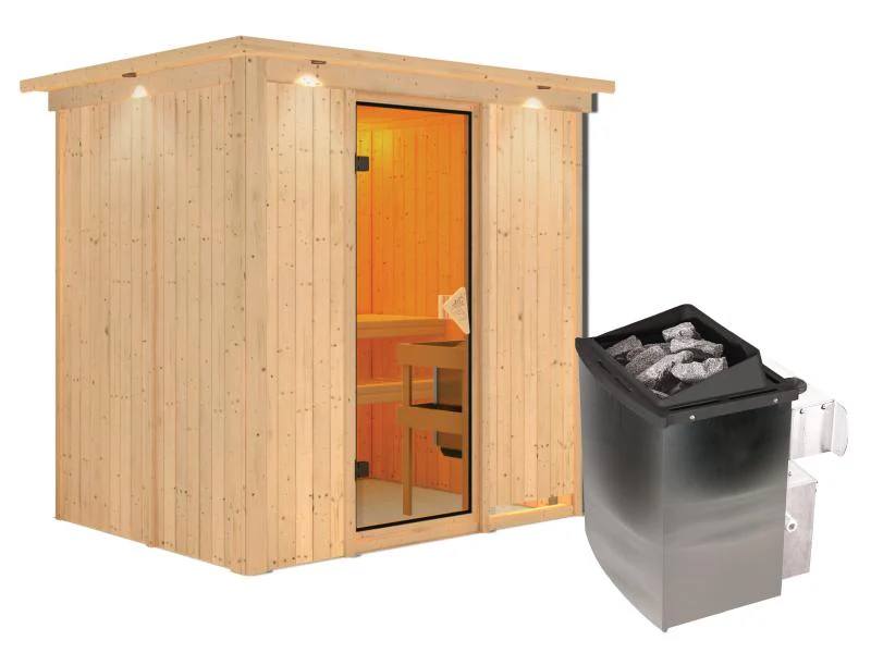 Karibu Sauna Bodin inkl. 9 kW Ofen integr. Steuerung, mit bronzierter Saunatür -mit Dachkranz- - Image 3