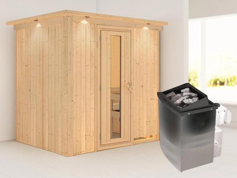 Karibu Sauna Bodin inkl. 9 kW Ofen integr. Steuerung, mit energiesparender Saunatür -mit Dachkranz- - Image 2