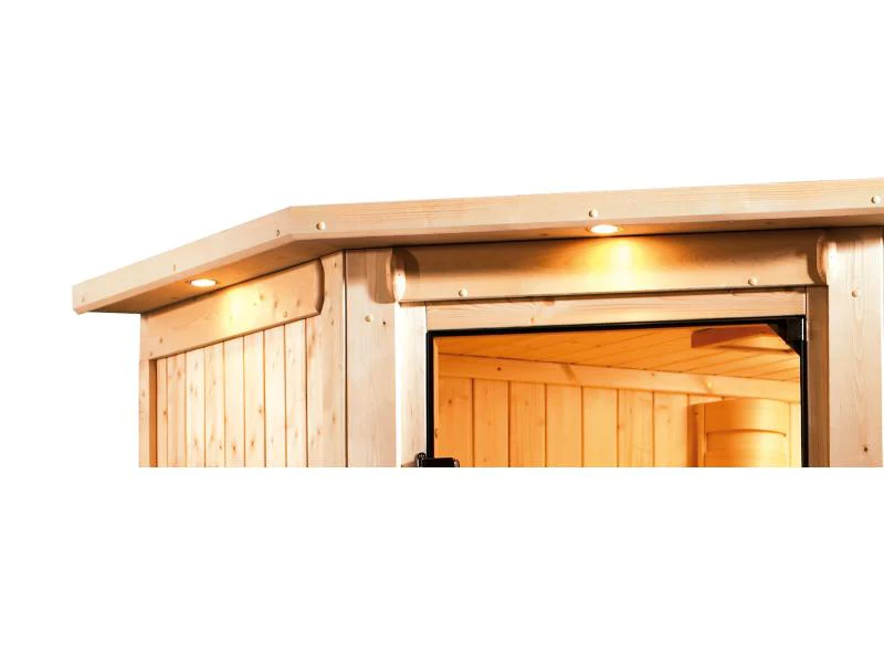 Karibu Sauna Bodin inkl. 9 kW Ofen integr. Steuerung, mit energiesparender Saunatür -mit Dachkranz- - Image 8