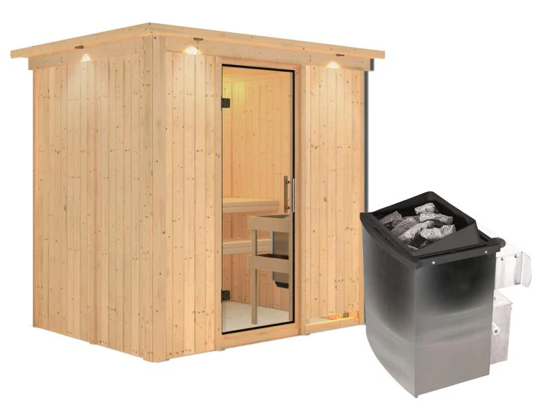 Karibu Sauna Bodin inkl. 9 kW Ofen integr. Steuerung mit Klarglas Ganzglastür -mit Dachkranz- - Image 5