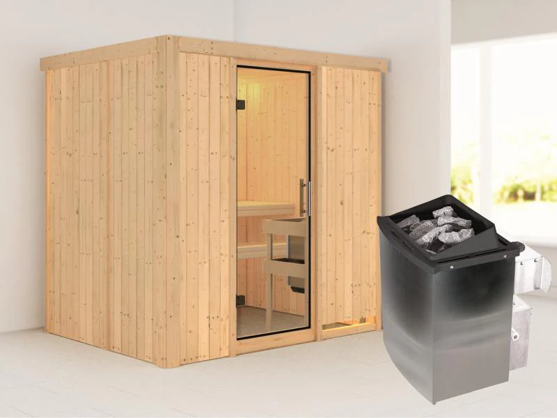 Karibu Sauna Bodin inkl. 9 kW Ofen mit integr. Steuerung, mit klarglas Ganzglastür -ohne Dachkranz-