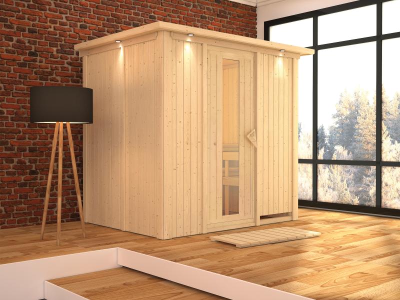 Karibu Sauna Bodin ohne Ofen, mit Dachkranz, mit energiesparender Saunatür - Image 4