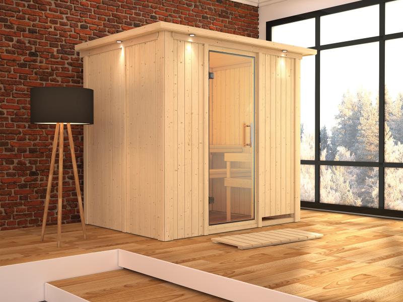 Karibu Sauna Bodin ohne Ofen, mit Dachkranz, mit Ganzglas Klarglastür - Image 4