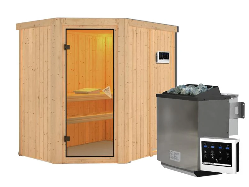 Karibu Sauna Carin inkl. 9 kW Bioofen ext. Steuerung mit bronzierter Ganzglastür - ohne Dachkranz - - Image 4
