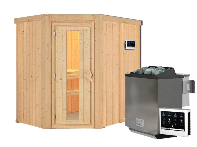 Karibu Sauna Carin inkl. 9 kW Bioofen ext. Steuerung, mit energiesparender Saunatür -ohne Dachkranz- - Image 4