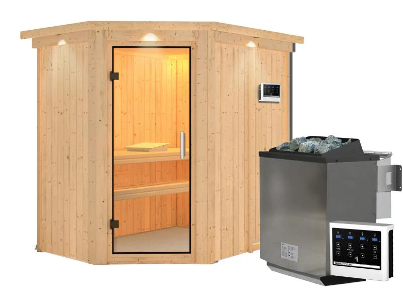 Karibu Sauna Carin inkl. 9 kW Bioofen ext. Steuerung mit Klarglas Ganzglastür - mit Dachkranz - - Image 4