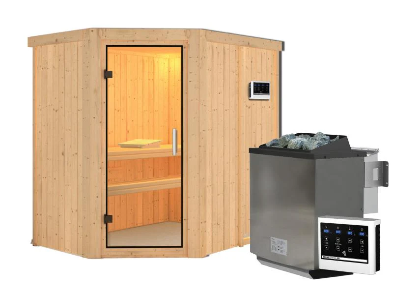 Karibu Sauna Carin inkl. 9 kW Bioofen ext. Steuerung mit Klarglas Ganzglastür - ohne Dachkranz - - Image 4