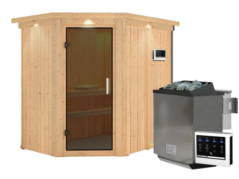 Karibu Sauna Carin inkl. 9 kW Bioofen ext. Steuerung mit moderner Saunatür - mit Dachkranz - - Image 4