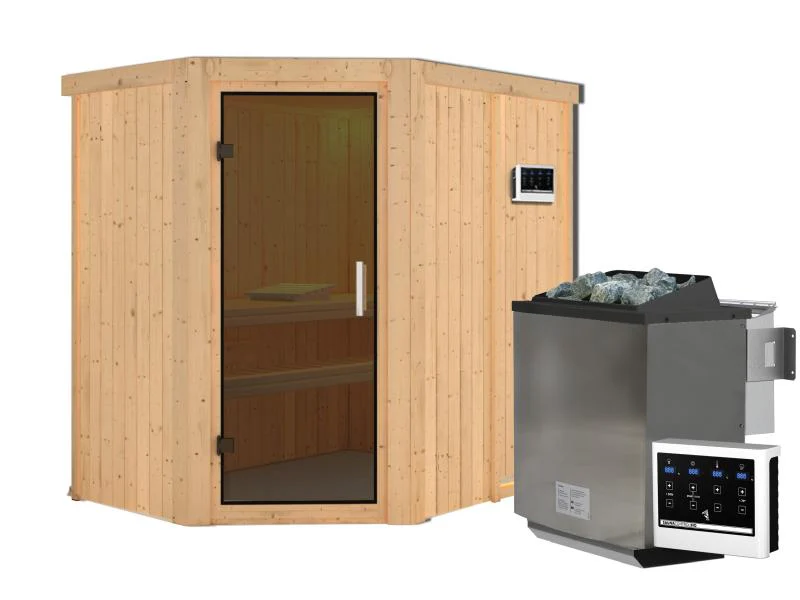 Karibu Sauna Carin inkl. 9 kW Bioofen ext. Steuerung mit moderner Saunatür - ohne Dachkranz - - Image 4