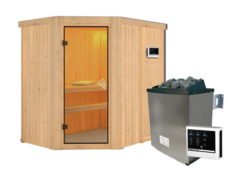Karibu Sauna Carin inkl. 9 kW Ofen ext. Steuerung mit bronzierter Ganzglastür - ohne Dachkranz - - Image 4