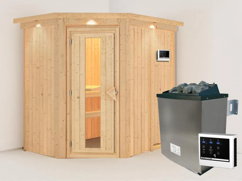 Karibu Sauna Carin inkl. 9 kW Ofen ext. Steuerung mit energiesparender Saunatür - mit Dachkranz -