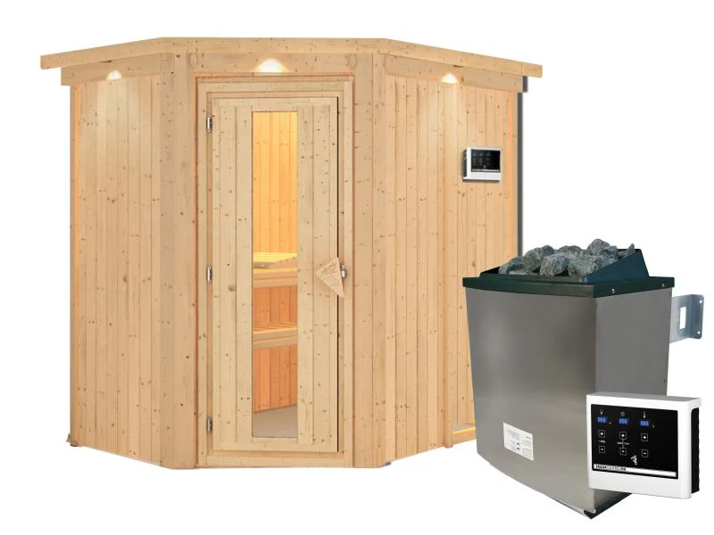 Karibu Sauna Carin inkl. 9 kW Ofen ext. Steuerung mit energiesparender Saunatür - mit Dachkranz - - Image 4