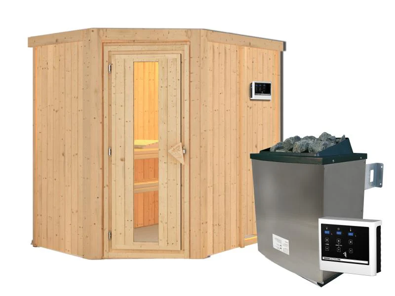Karibu Sauna Carin inkl 9 kW Ofen ext. Steuerung, mit energiesparender Saunatür -ohne Dachkranz- - Image 4