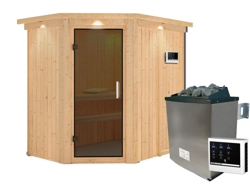 Karibu Sauna Carin inkl. 9 kW Ofen ext. Steuerung mit graphitfarbener Saunatür - mit Dachkranz - - Image 4
