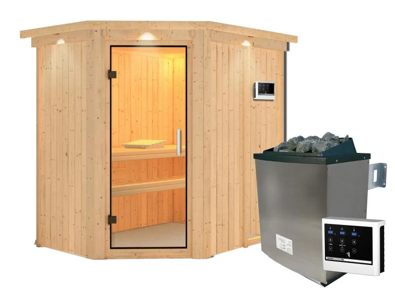 Karibu Sauna Carin inkl. 9 kW Ofen ext. Steuerung mit Klarglas Ganzglastür - mit Dachkranz - - Image 4
