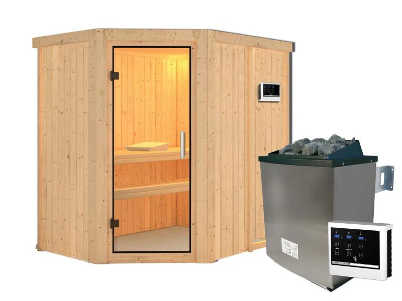 Karibu Sauna Carin inkl. 9 kW Ofen ext. Steuerung mit Klarglas Ganzglastür  - ohne Dachkranz - - Image 4