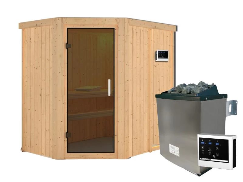 Karibu Sauna Carin inkl. 9 kW Ofen ext. Steuerung mit moderner Saunatür - ohne Dachkranz - - Image 4