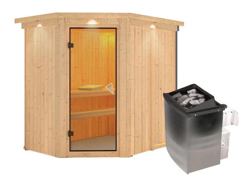Karibu Sauna Carin inkl. 9 kW-Ofen integr. Steuerung mit bronzierter Ganzglastür - mit Dachkranz - - Image 4