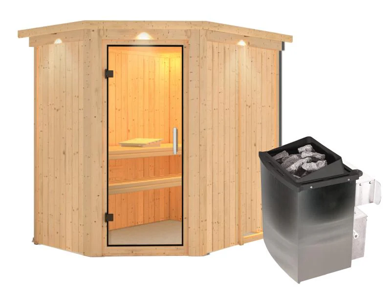Karibu Sauna Carin inkl. 9 kW Ofen integr. Steuerung mit Klarglas Ganzglastür - mit Dachkranz - - Image 4