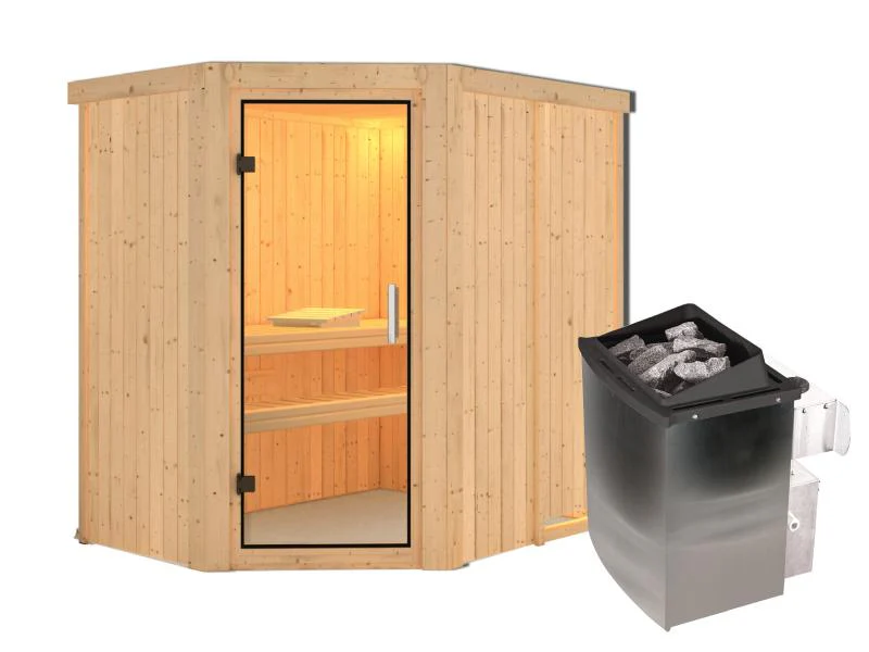 Karibu Sauna Carin inkl. 9 kW Ofen integr. Steuerung mit Klarglas Ganzglastür - ohne Dachkranz - - Image 4