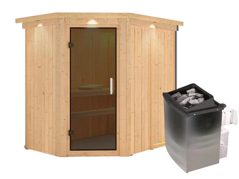 Karibu Sauna Carin inkl. 9 kW Ofen integr. Steuerung mit moderner Saunatür - mit Dachkranz - - Image 4