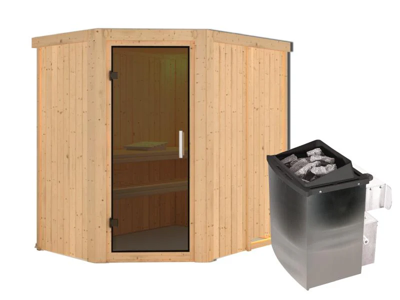 Karibu Sauna Carin inkl. 9 kW Ofen integr. Steuerung mit moderner Saunatür - ohne Dachkranz - - Image 4