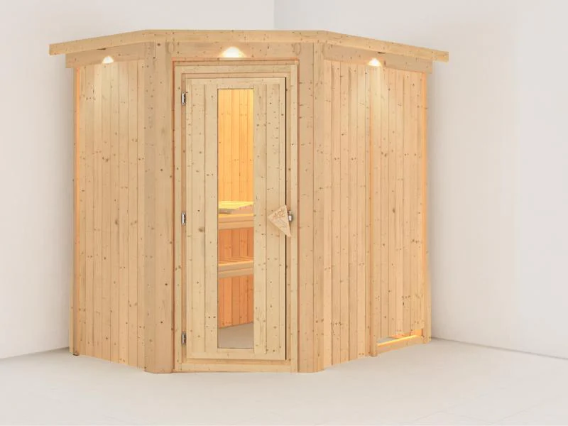 Karibu Sauna Carin ohne Ofen, mit Dachkranz, mit energiesparender Saunatür - Image 4