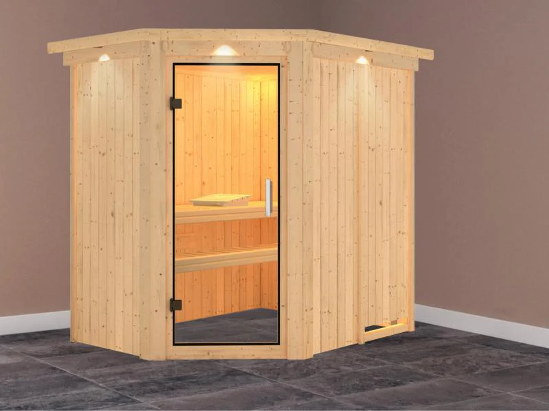 Karibu Sauna Carin ohne Ofen, mit Dachkranz, mit Klarglas Ganzglastür - Image 2