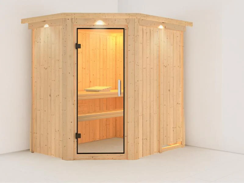 Karibu Sauna Carin ohne Ofen, mit Dachkranz, mit Klarglas Ganzglastür - Image 4