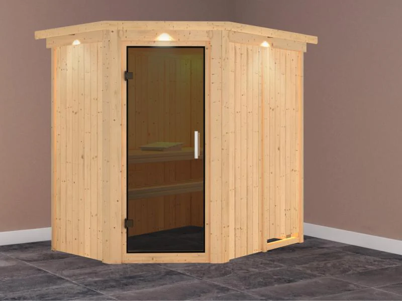 Karibu Sauna Carin ohne Ofen, mit Dachkranz, mit moderner Saunatür - Image 2